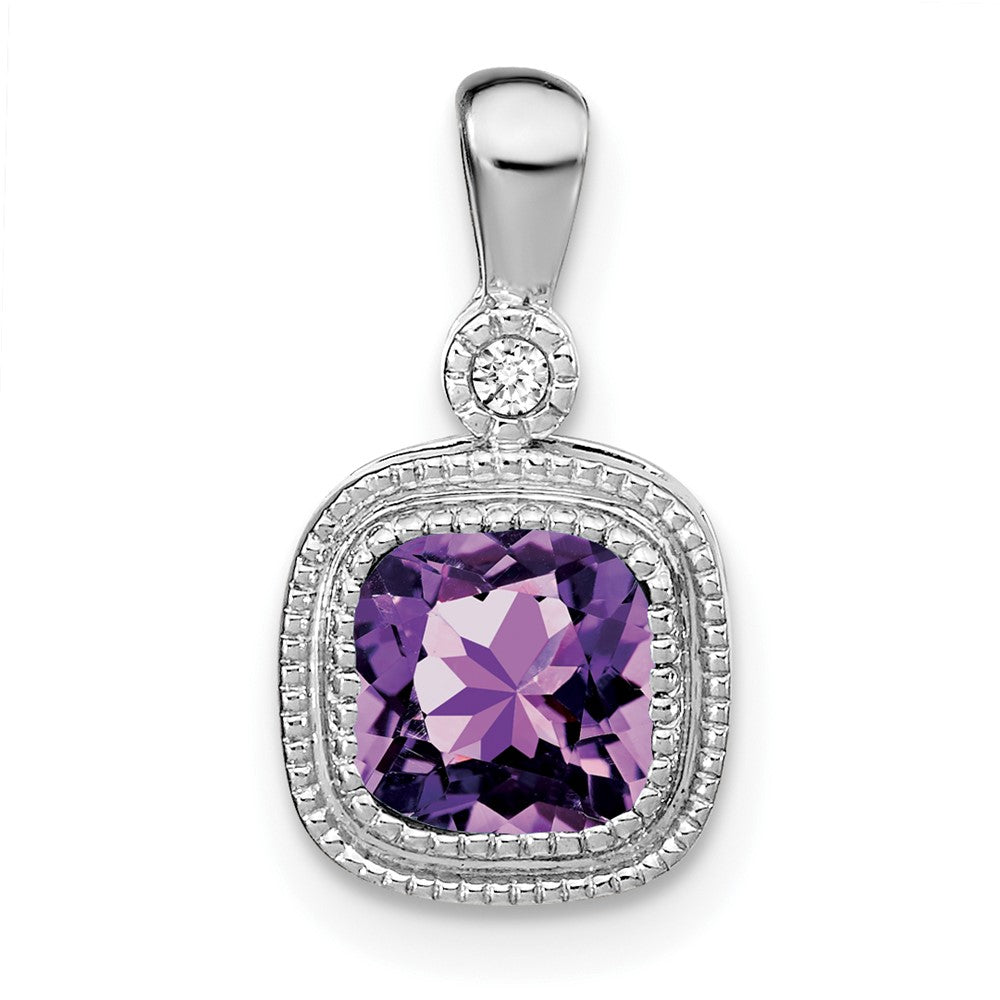 Solid 14k White Gold Cushion Simulated Amethyst and CZ Pendant