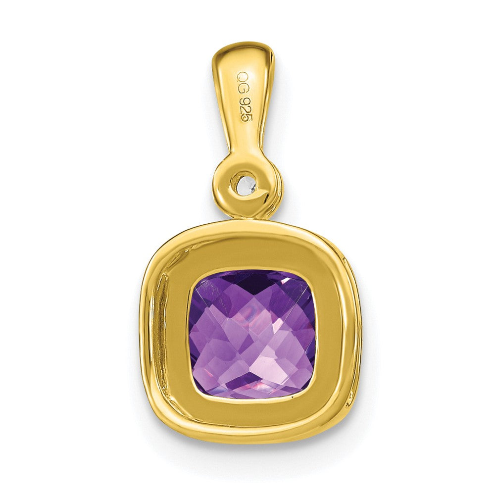 Solid 14k Yellow Gold Cushion Simulated Amethyst and CZ Pendant