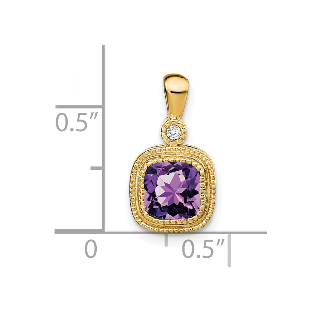 Solid 14k Yellow Gold Cushion Simulated Amethyst and CZ Pendant