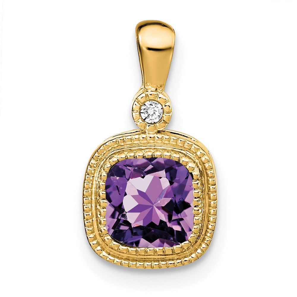 Solid 14k Yellow Gold Cushion Simulated Amethyst and CZ Pendant