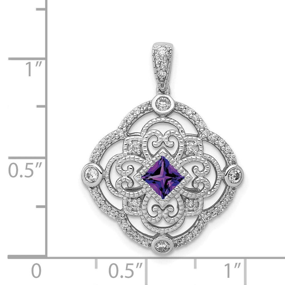 Solid 14k White Gold Simulated CZ and .39 Amethyst Fancy Pendant