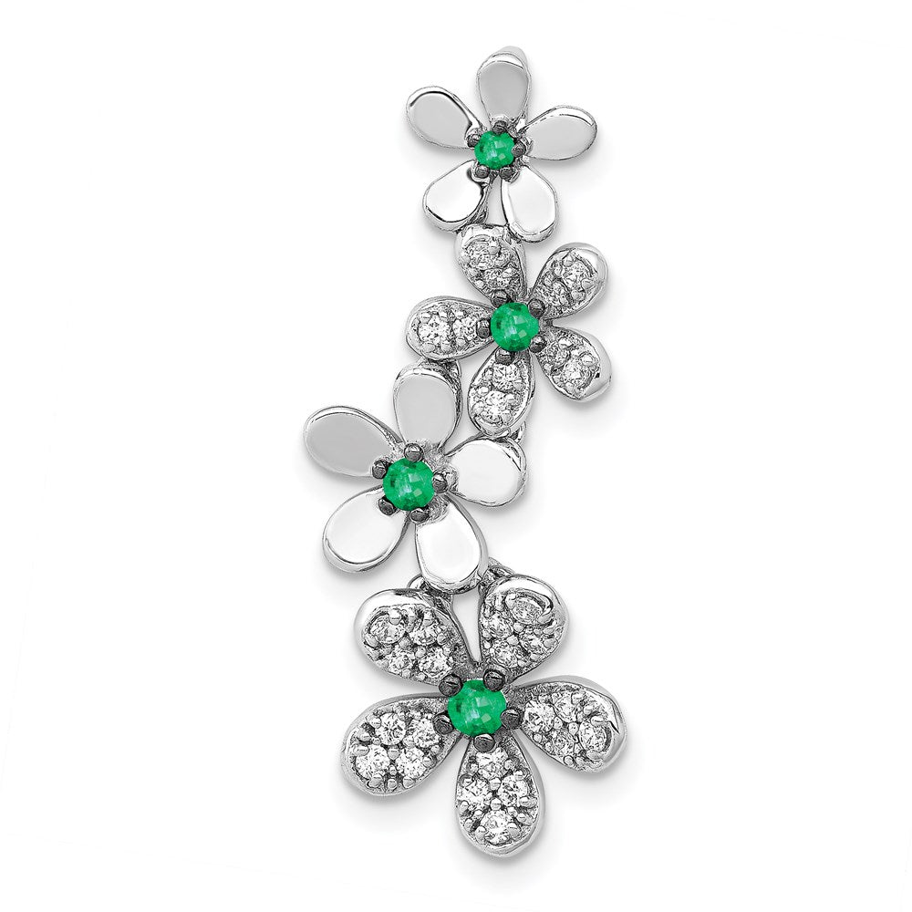 14k white gold rhodium plated real diamond emerald 4 flowers pendant pm4045 em 025 wa