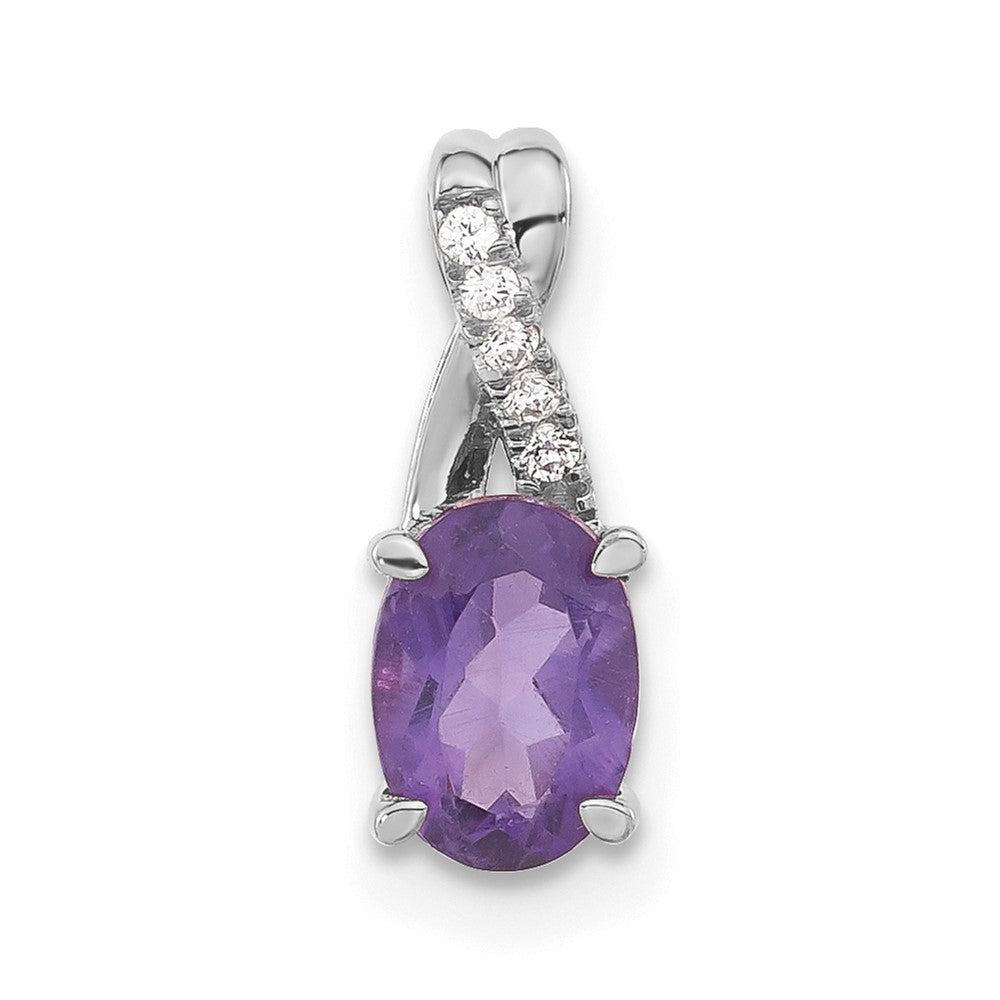 Solid 14k White Gold Oval Simulated Amethyst and CZ Pendant