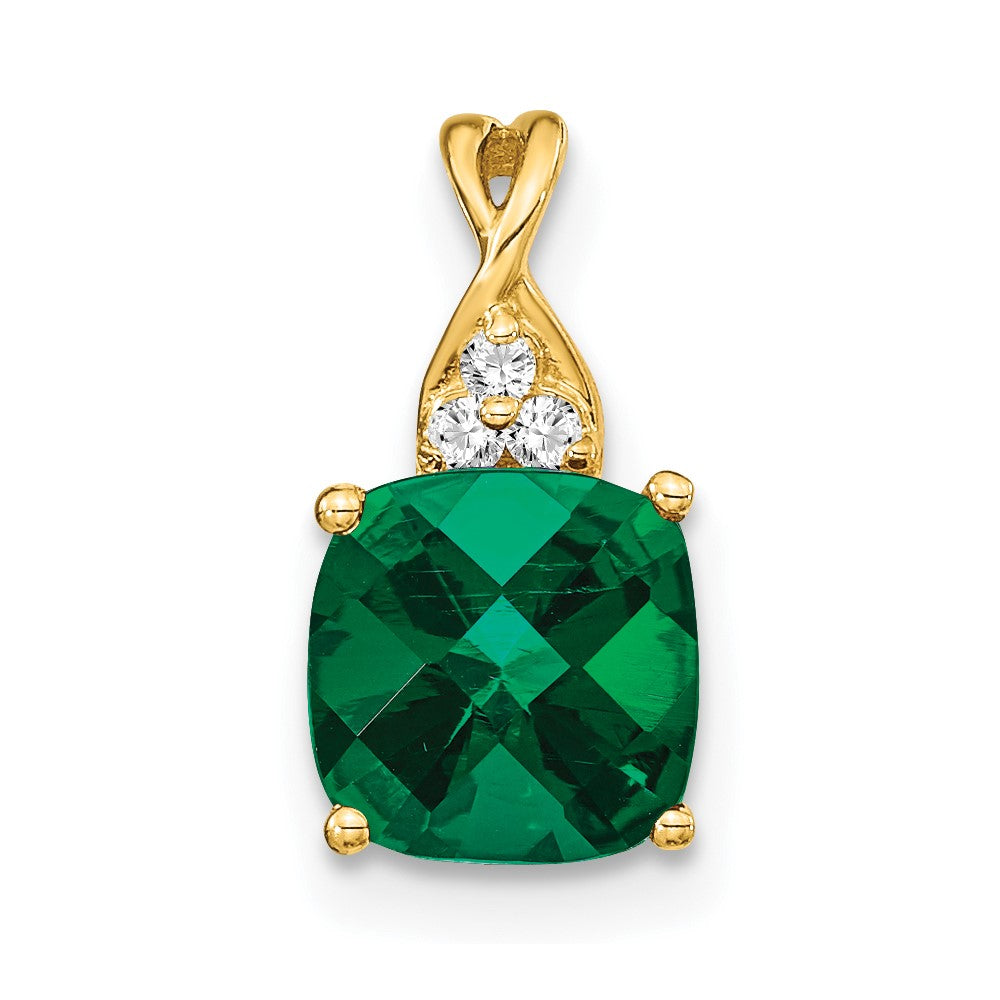 14k yellow gold checkerboard created emerald and real diamond pendant pm4393 cem 003 ya