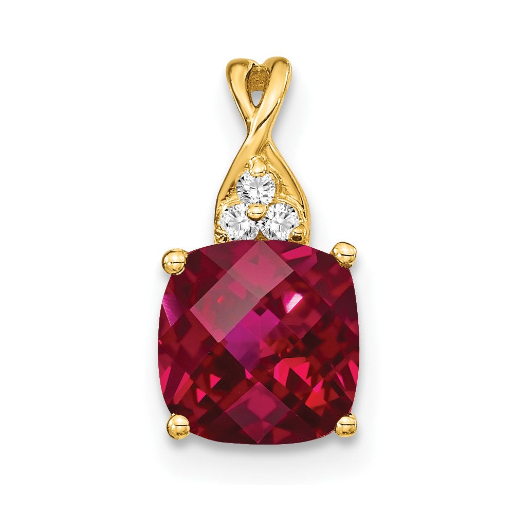 14k yellow gold checkerboard created ruby and real diamond pendant pm4393 cru 003 ya