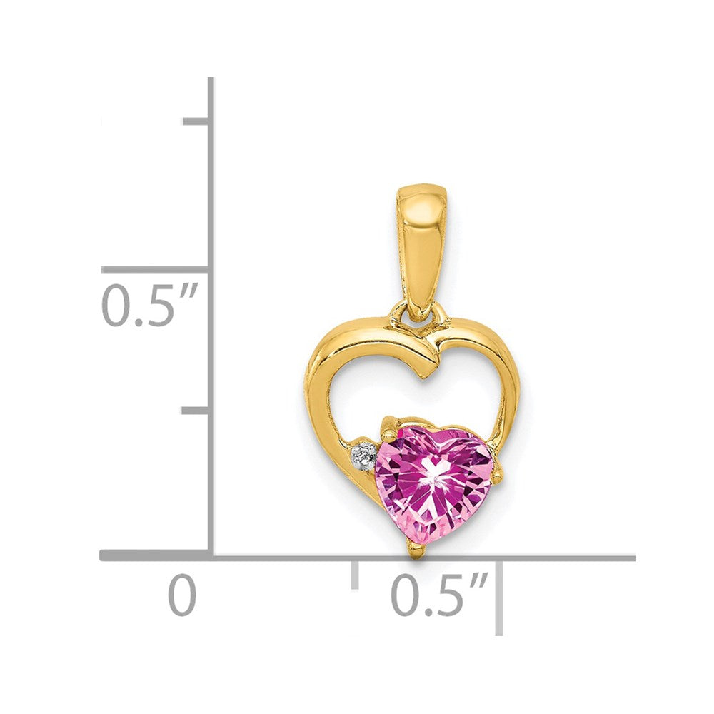Solid 14k Yellow Gold Created PinK Simulated Sapphire and CZ Heart Pendant