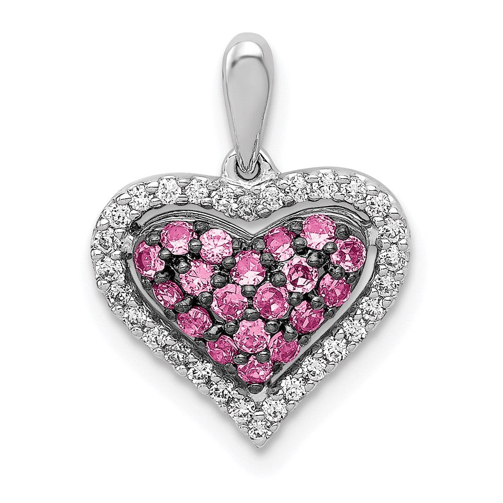 Solid 14k White Gold Simulated CZ and PinK Sapphire Heart Pendant