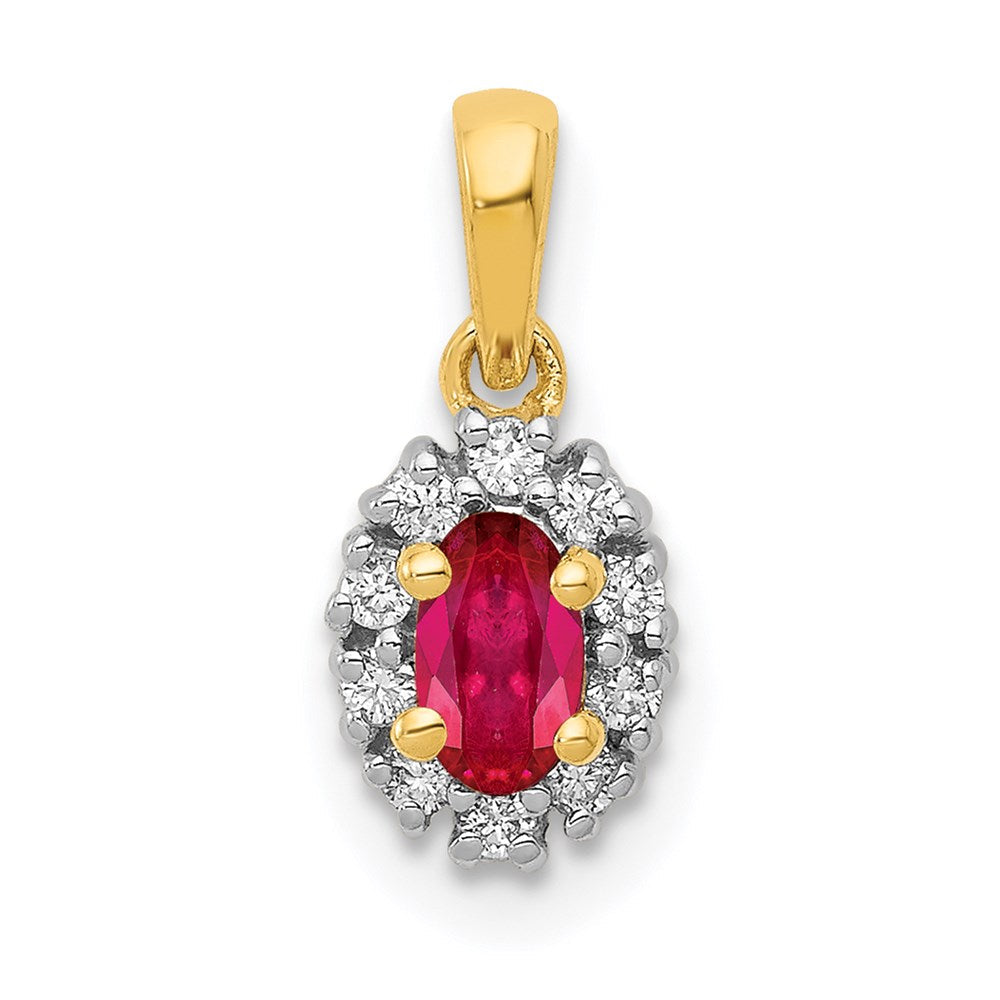 14k yellow gold and rhodium real diamond and 32 oval ruby halo pendant pm5252 ru 010 ya
