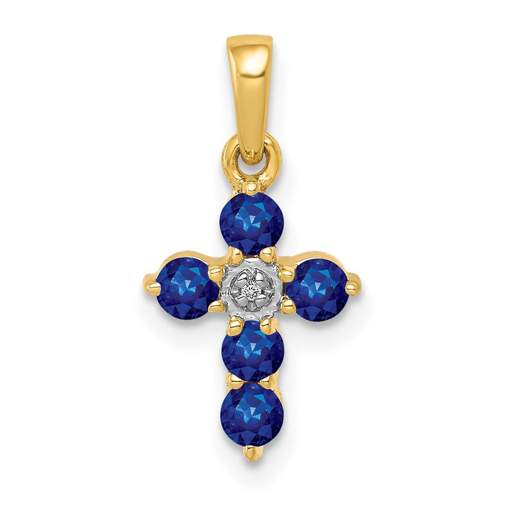 Solid 14k Yellow Gold Simulated Sapphire and CZ Cross Pendant