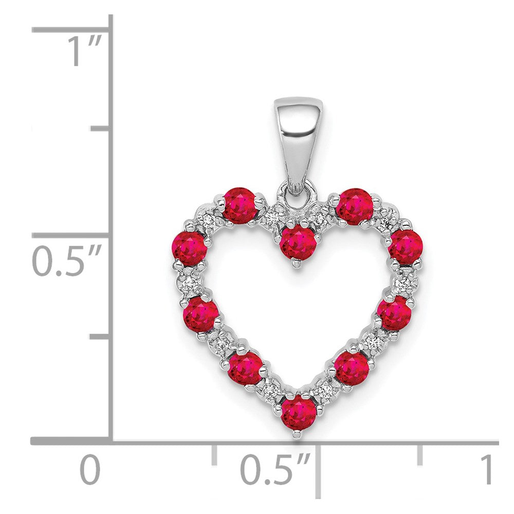 Solid 14k White Gold Simulated CZ and .35 Ruby Heart Pendant