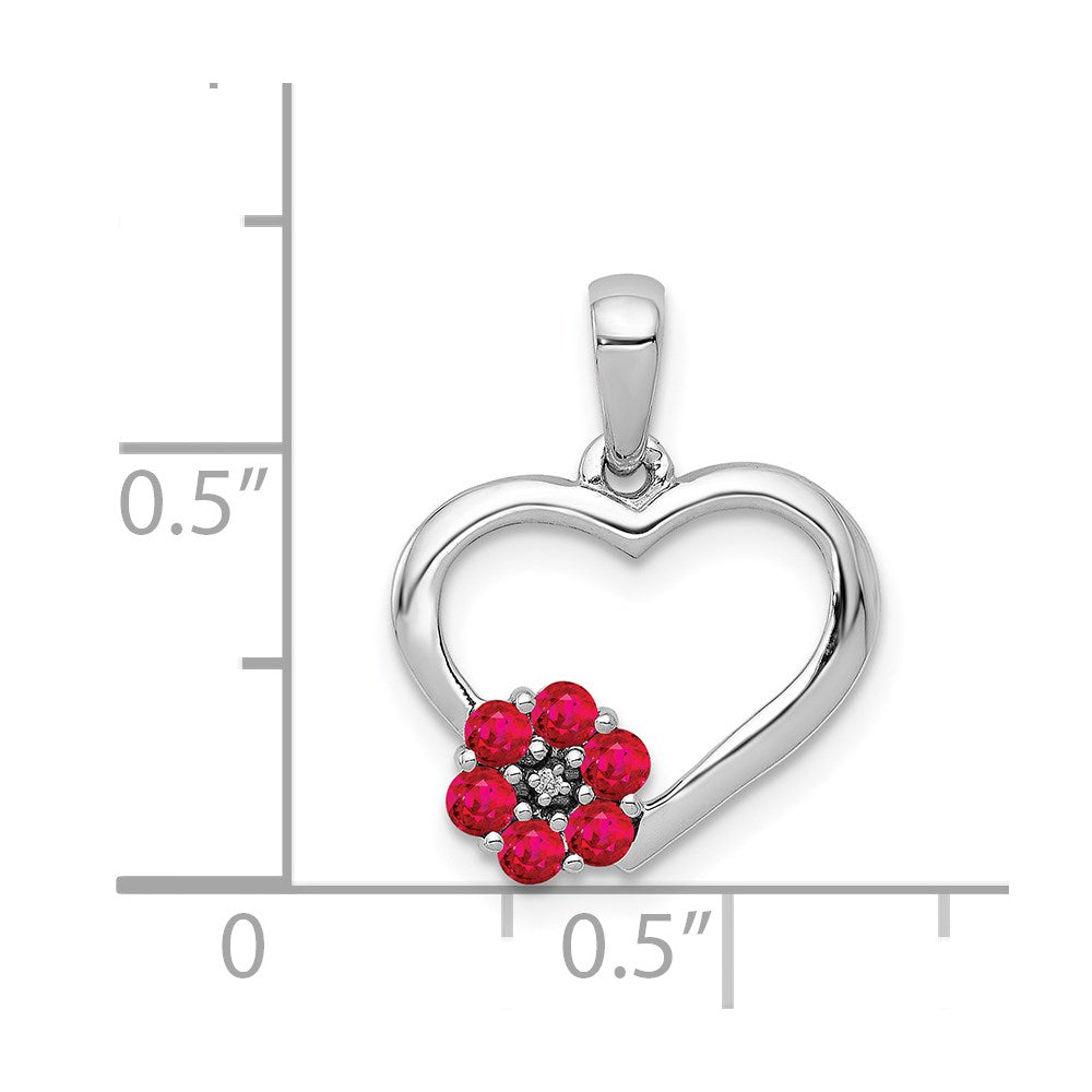 Solid 14k White Gold Simulated CZ and Ruby Heart w/ Flower Pendant