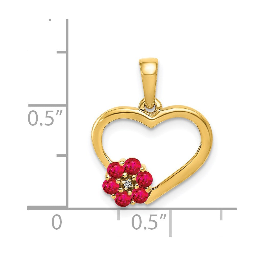 Solid 14k Yellow Gold Simulated CZ and Ruby Heart w/ Flower Pendant