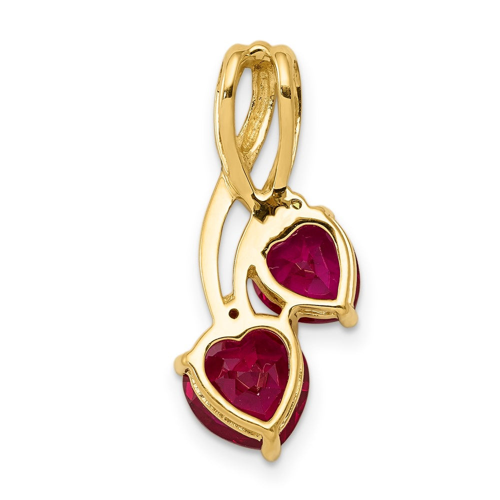 Solid 14k Yellow Gold Simulated Lab Created Ruby and CZ Double Heart Pendant