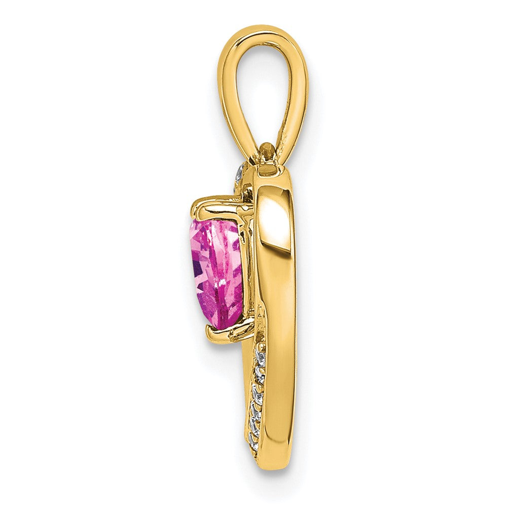 Solid 14k Yellow Gold PinK Simulated Sapphire and CZ Heart Pendant