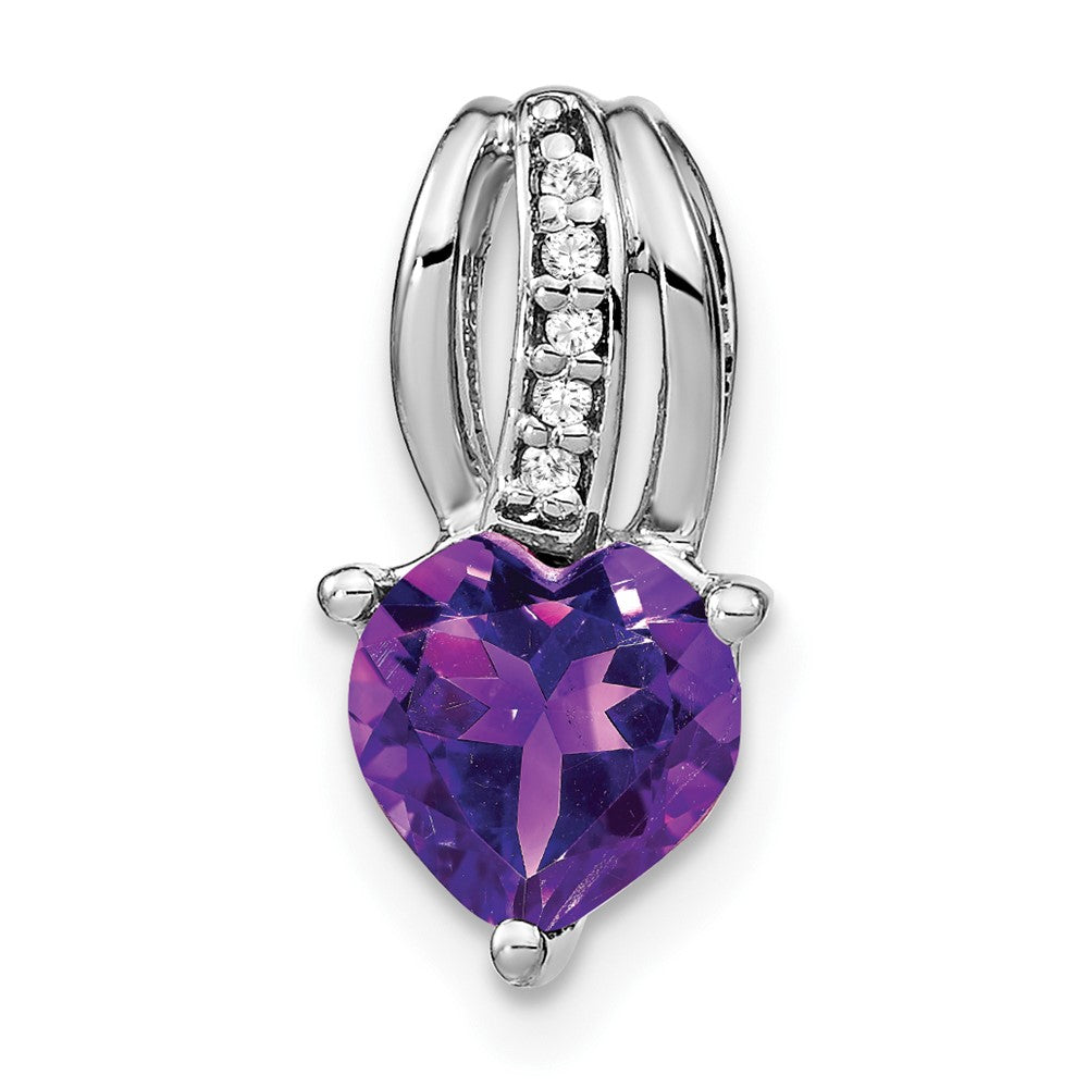 Solid 14k White Gold Heart Simulated Amethyst and CZ Pendant