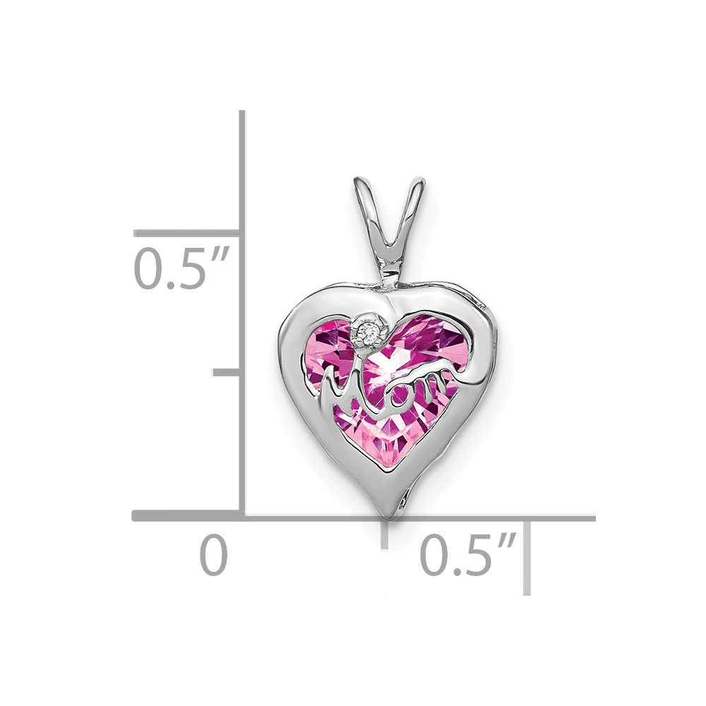 Solid 14k White Gold Creat. PinK Simulated Sapphire Simulated/Simulated CZ MOM Heart Pendant