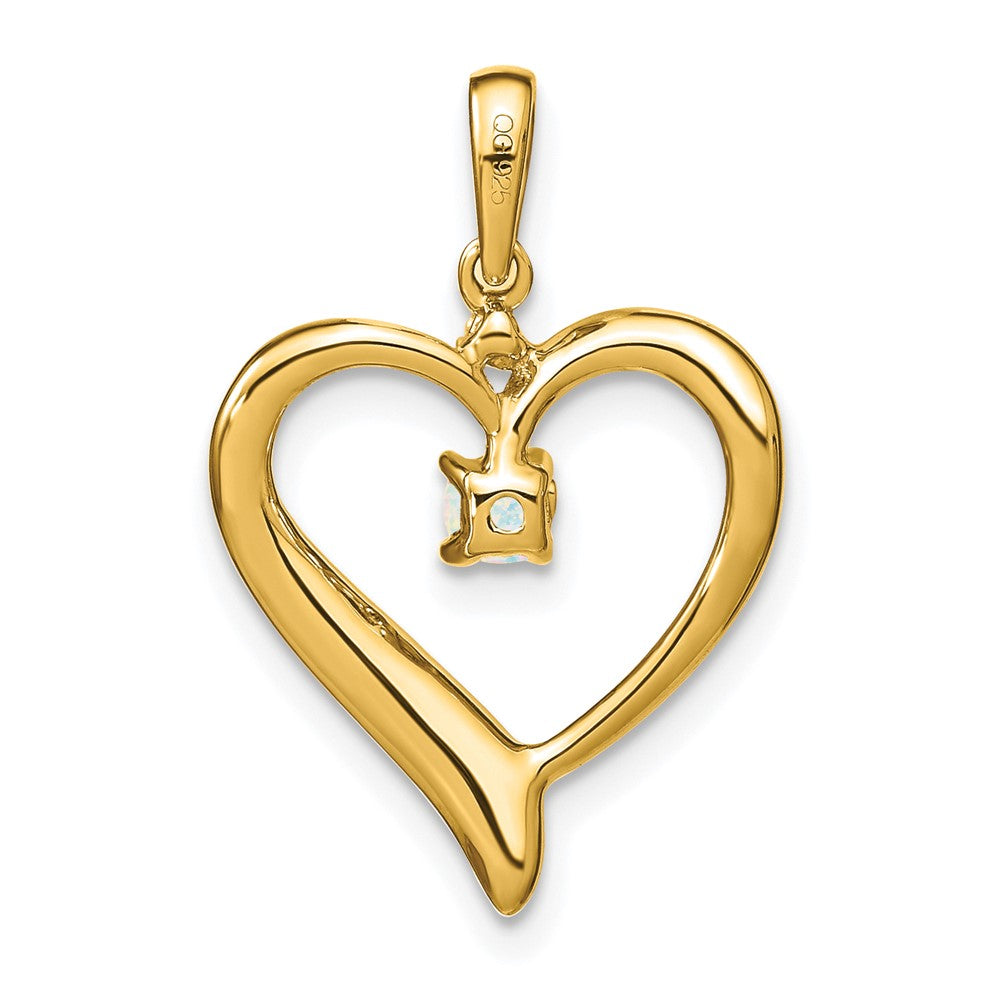 Solid 14k Yellow Gold Created Simulated Opal and CZ Heart Pendant