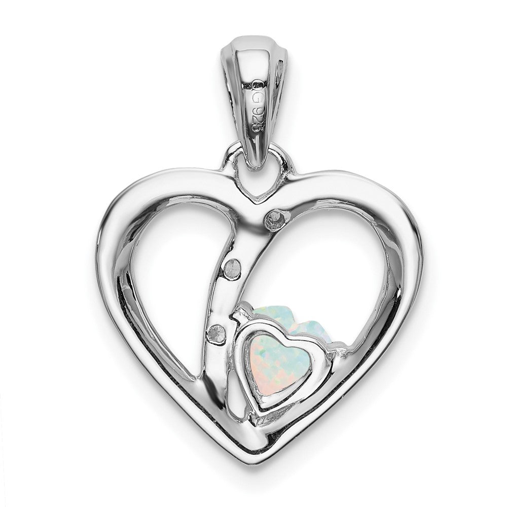 Solid 14k White Gold Created Simulated Opal and CZ Heart Pendant