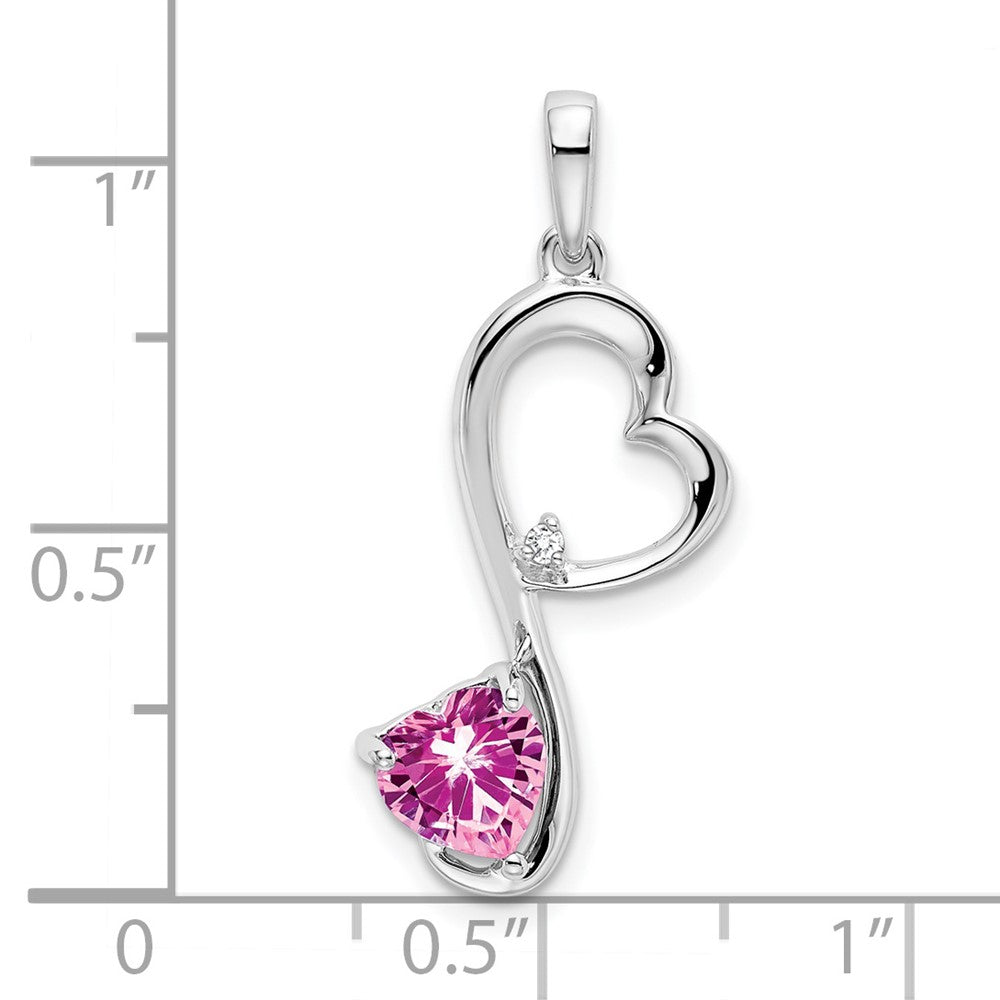 Solid 14k White Gold Created PinK Simulated Sapphire and CZ Heart Pendant