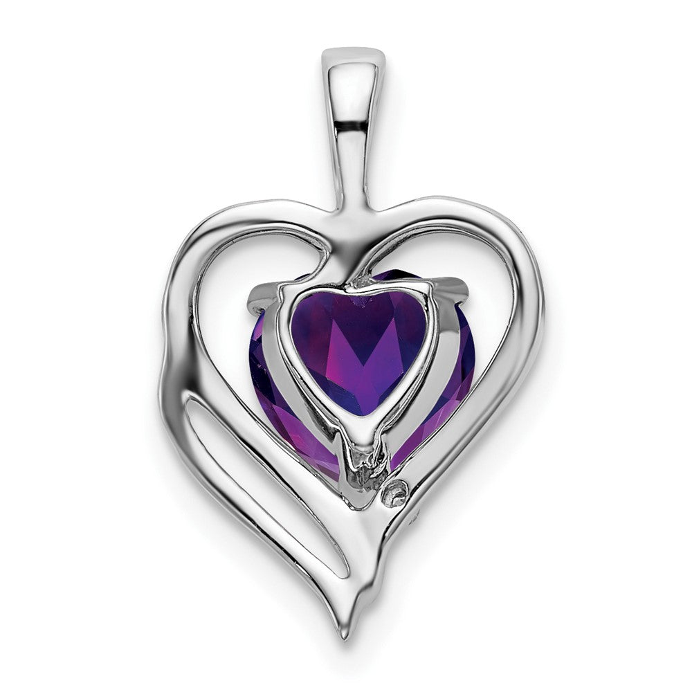 Solid 14k White Gold Simulated Amethyst and CZ Heart Pendant