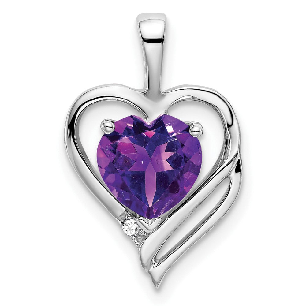 Solid 14k White Gold Simulated Amethyst and CZ Heart Pendant