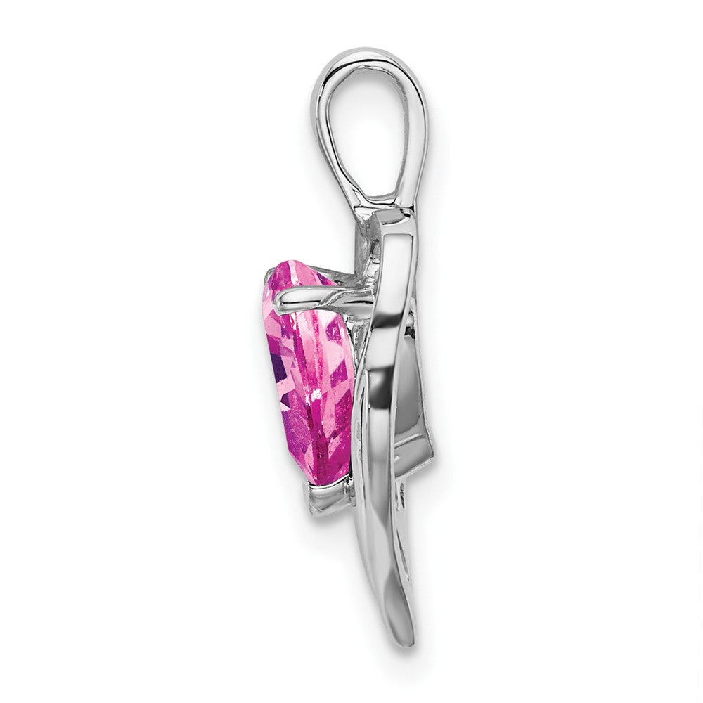 Solid 14k White Gold Created PinK Simulated Sapphire and CZ Heart Pendant