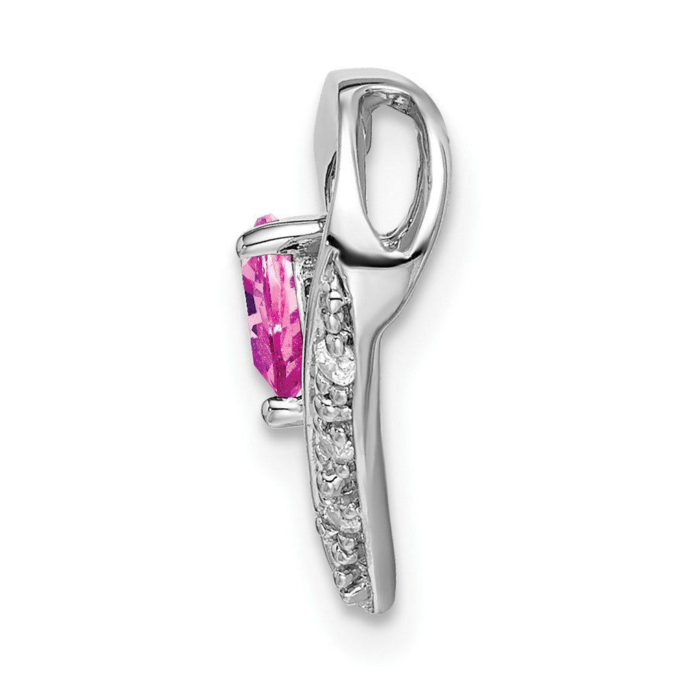 Solid 14k White Gold Created PinK Simulated Sapphire and CZ Heart Pendant