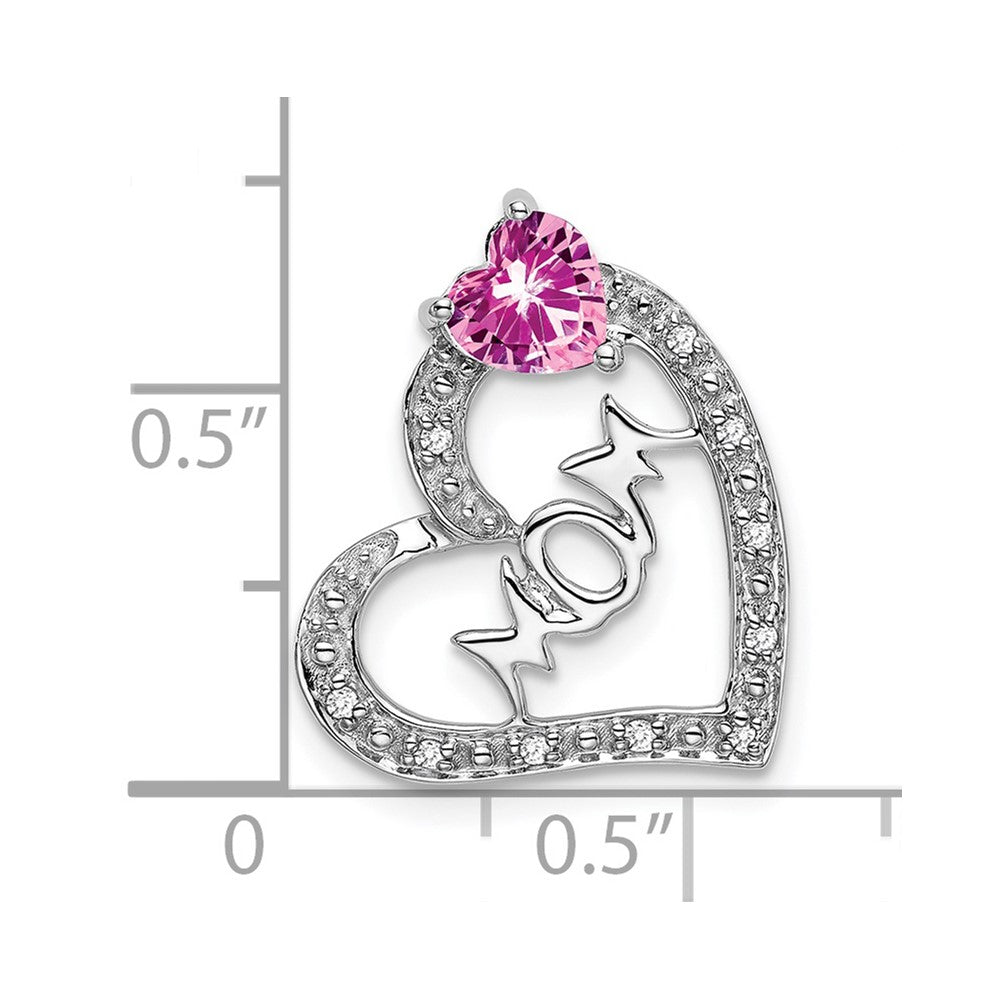 Solid 14k White Gold Created PinK Simulated Sapphire Simulated/Simulated CZ MOM Heart Pendant