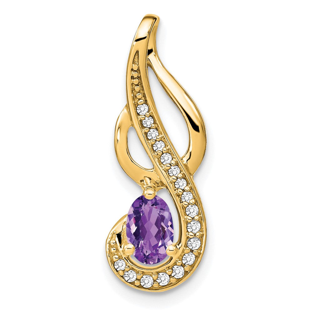 Solid 14k Yellow Gold Simulated Amethyst and CZ Swirl Pendant