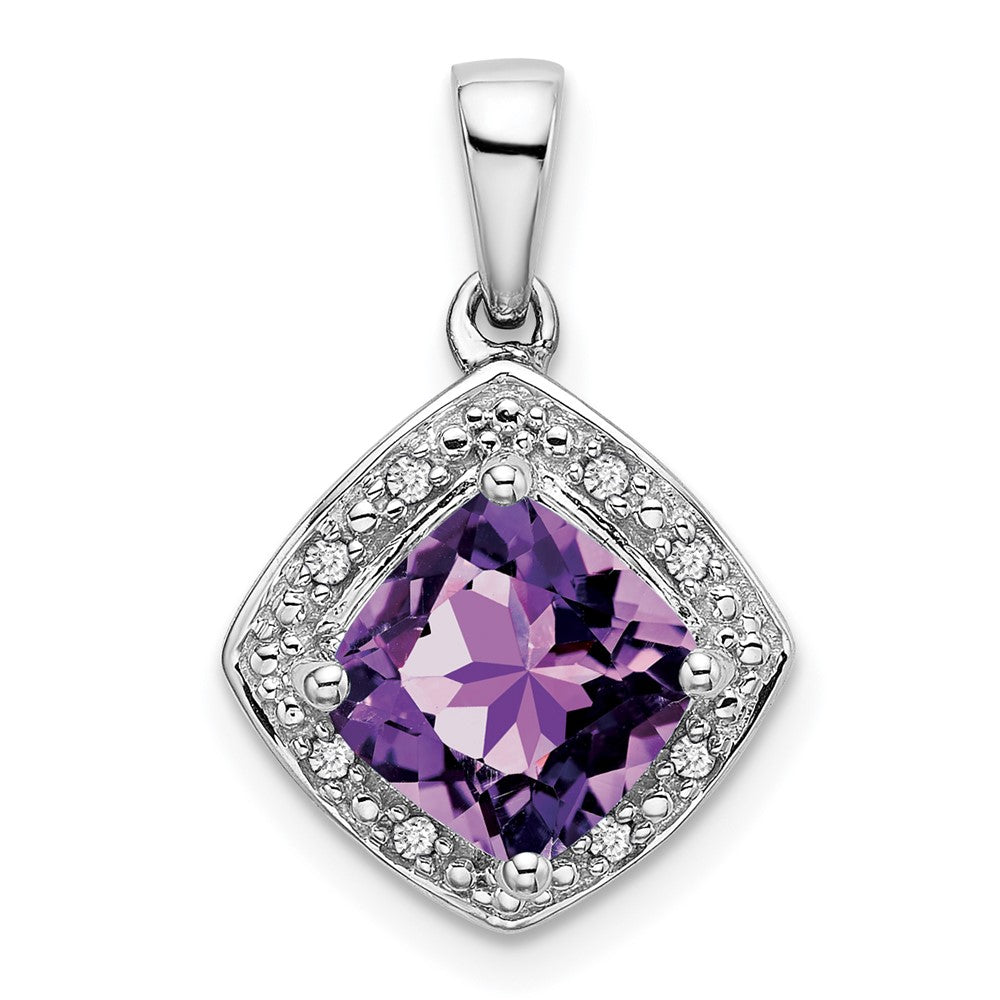 14k white gold cushion amethyst and real diamond pendant pm7045 am 004 wa