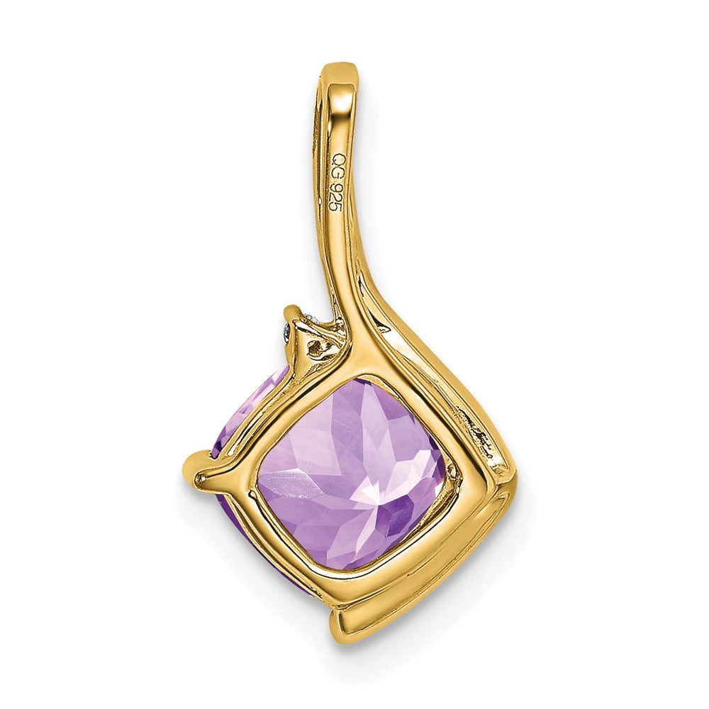 Solid 14k Yellow Gold Cushion Simulated Amethyst and CZ Pendant