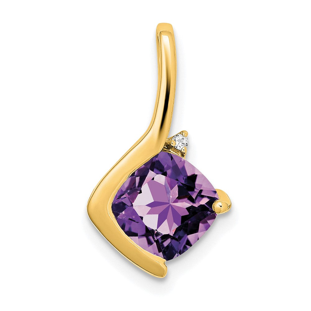 Solid 14k Yellow Gold Cushion Simulated Amethyst and CZ Pendant