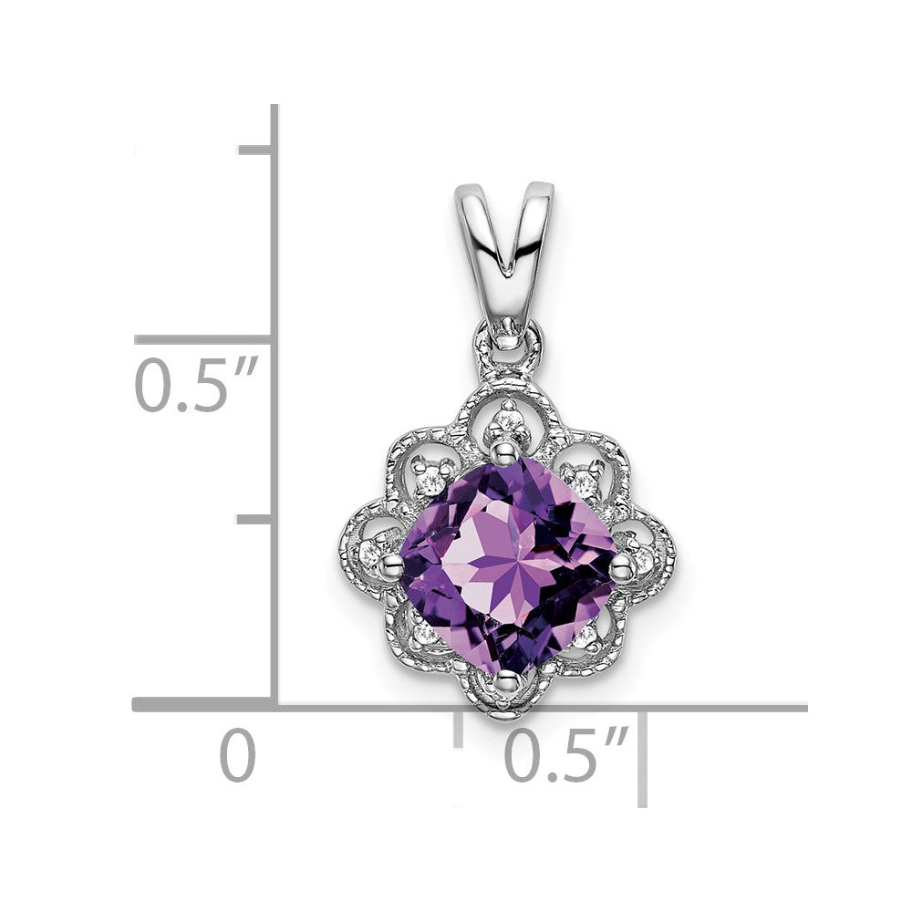 Solid 14k White Gold Simulated Amethyst and CZ Scalloped Pendant