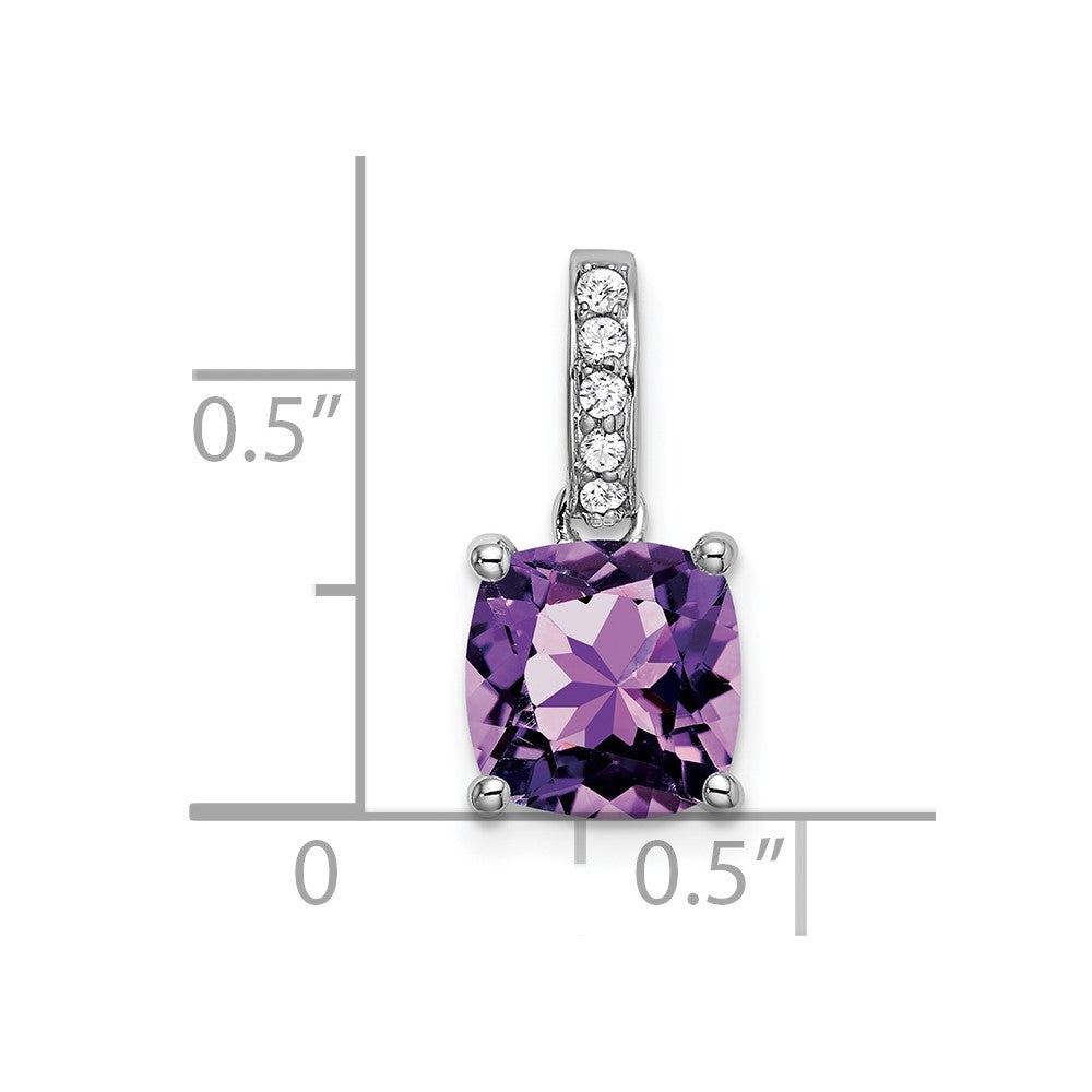 Solid 14k White Gold Cushion Simulated Amethyst and CZ Pendant