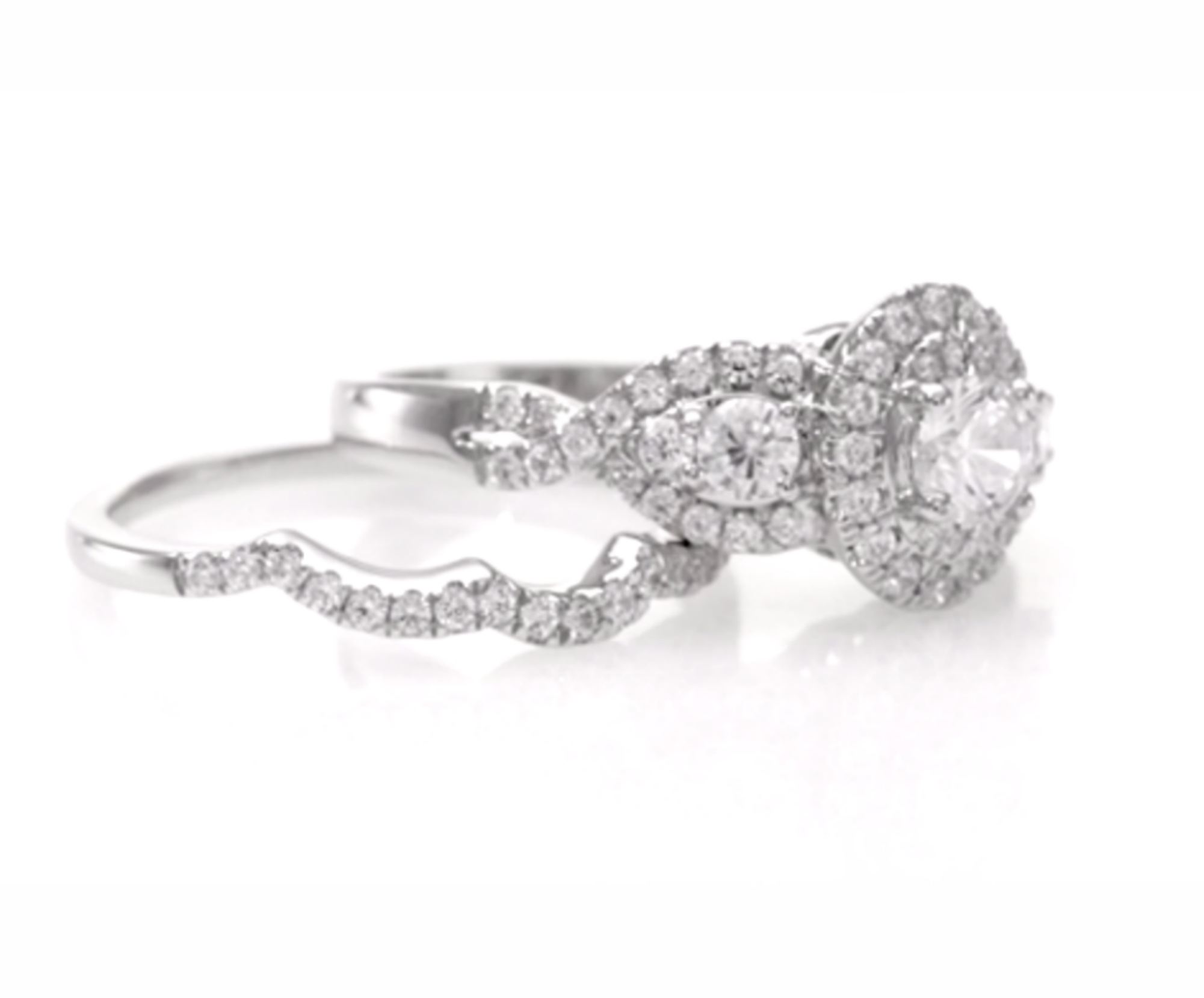 1.15CT. T.W. Diamond Three Stone Oval Frame Twist Halo Bridal Engagement Ring Set in 14K White Gold