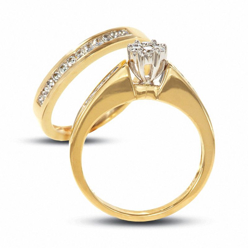1/2 CT. Diamond Flower Bridal Engagement Ring Set in 14K Yellow Gold