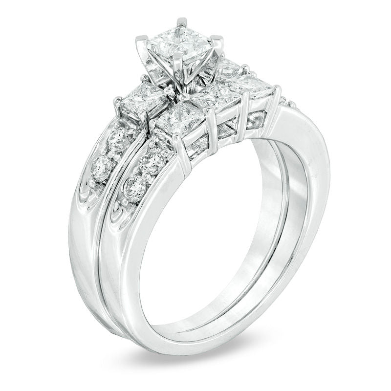 1.50 Ct. Princess-Cut Diamond Three Stone Bridal Engagement Ring Set in 14K White Gold