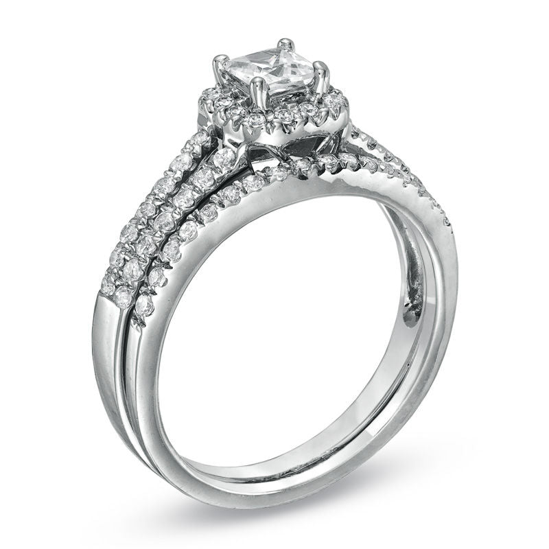 1/2 CT. T.W. Princess-Cut Halo Diamond Bridal Engagement Ring Set in 14K White Gold
