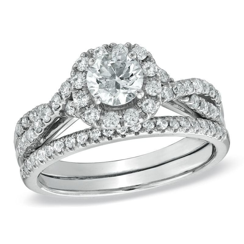 1-1/10 CT. T.W. Diamond Frame Twist Bridal Engagement Ring Set in 14K White Gold