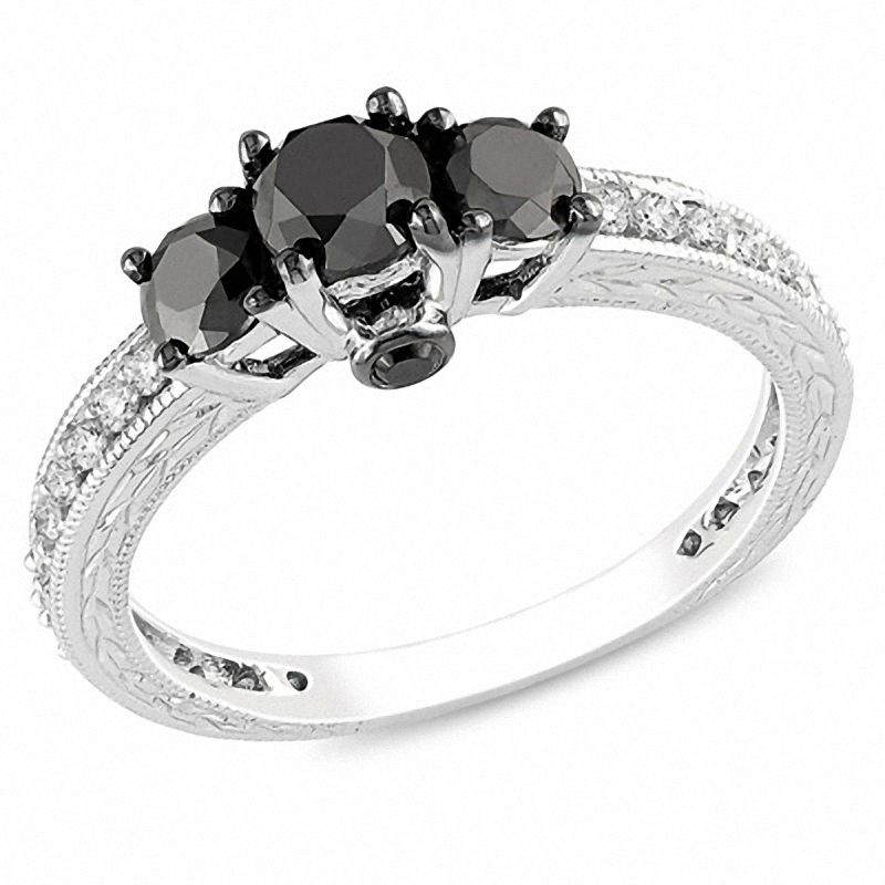 1-1/4 CT. T.W. Enhanced Black and White Diamond Three Stone Engagement Ring in 14K White Gold