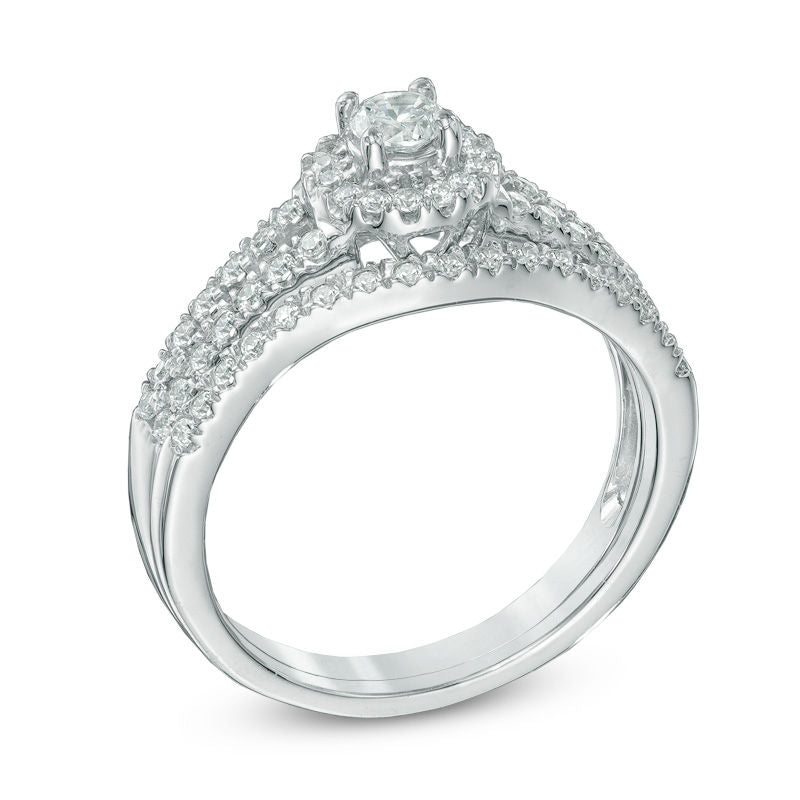 1/2 CT. Diamond Halo Bridal Engagement Ring Set in 14K White Gold