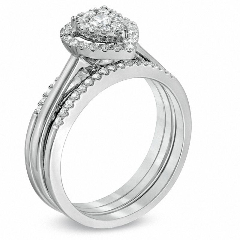 Diamond Cluster Pear-Shaped Halo Bridal Engagement Ring Set in 14K White Gold
