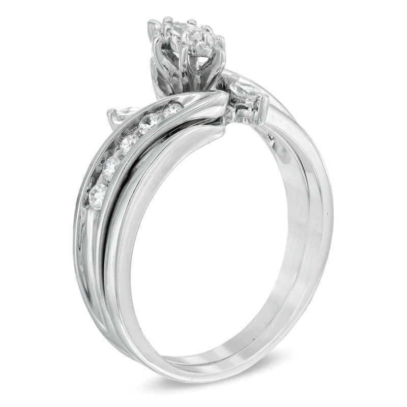 1/2 CT. Marquise Diamond Three Stone Bridal Engagement Ring Set in 14K White Gold