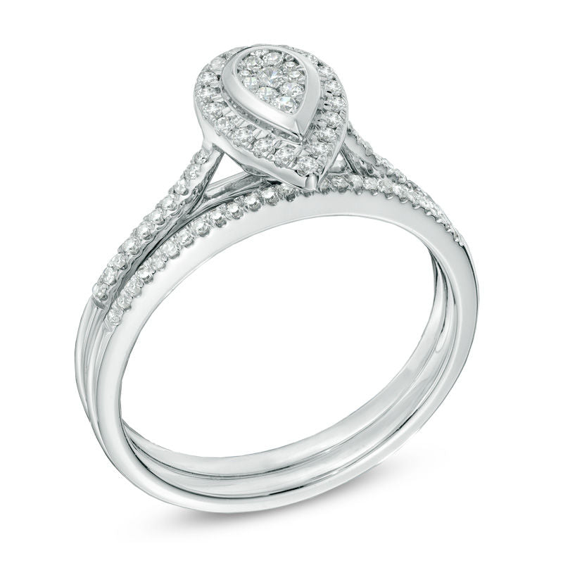 1/3 CT. T.W. Diamond Pear-Shaped Composite Halo Bridal Engagement Ring Set in 14K White Gold