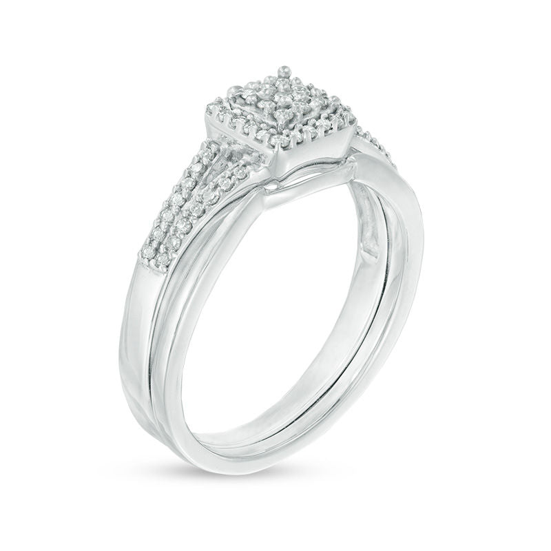 1/4 CT. T.W. Diamond Square Cluster Halo Bridal Engagement Ring Set in 14K White Gold