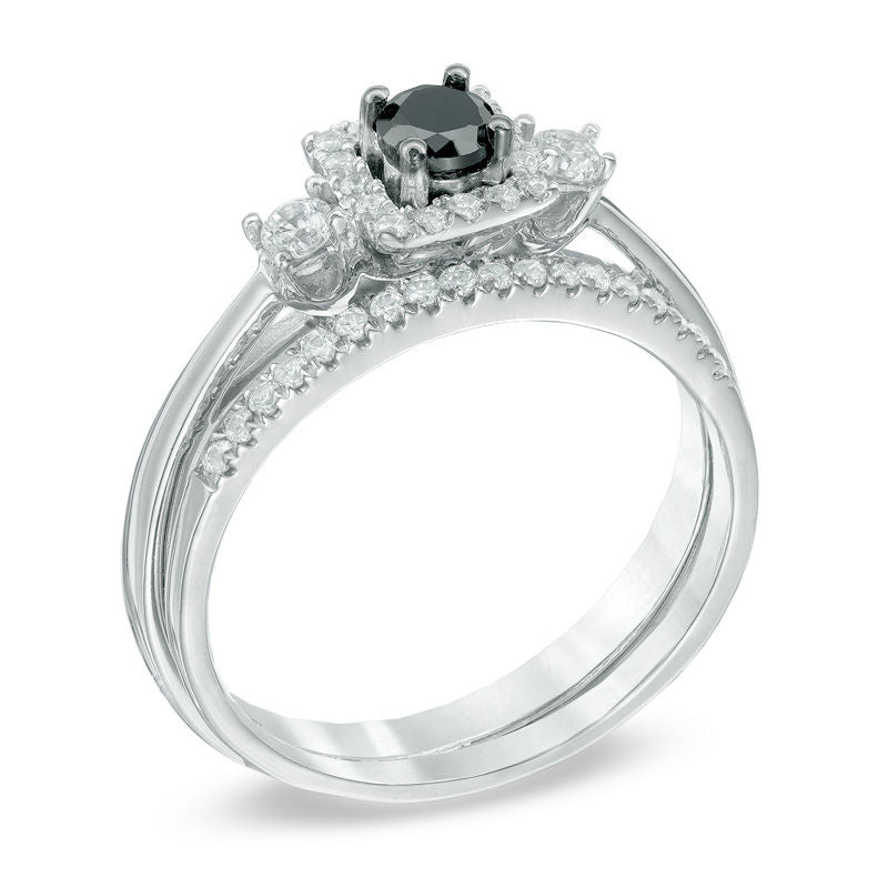 1/2 CT. T.W. Enhanced Black and White Diamond Three Stone Bridal Set in 14K White Gold