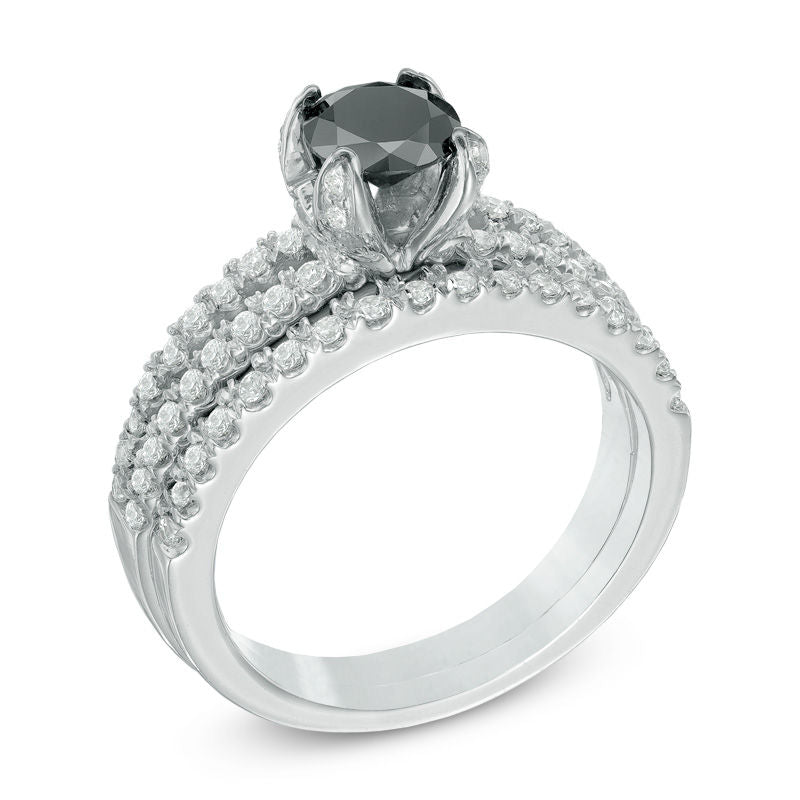 1-1/4 CT. T.W. Enhanced Black and White Diamond Split Shank Bridal Engagement Ring Set in 14K White Gold