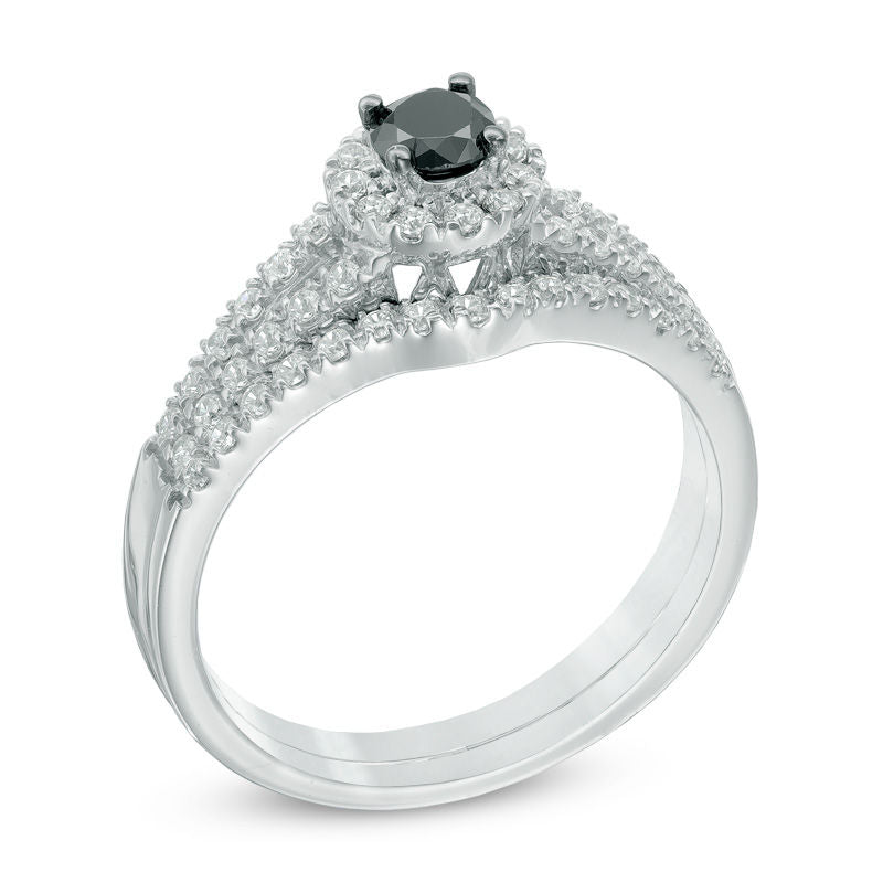 1/2 CT. Black and White Diamond Split Shank Bridal Engagement Ring Set in 14K White Gold