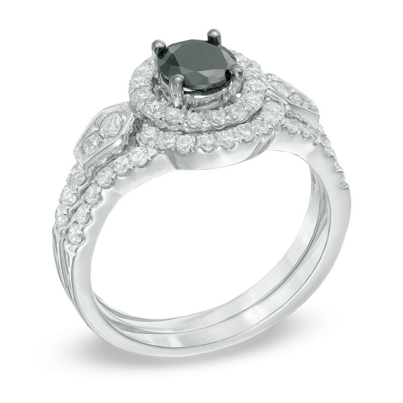 1-1/4 CT. T.W. Enhanced Black and White Diamond Frame Bridal Engagement Ring Set in 14K White Gold