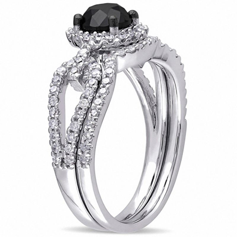 1.50 Ct. Black and White Diamond Halo Loop Shank Bridal Engagement Ring Set in 14K White Gold